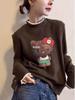 2025 Autumn/Winter Women's Fleece-Lined Cat Print Lace Collar Long Sleeve T-Shirt