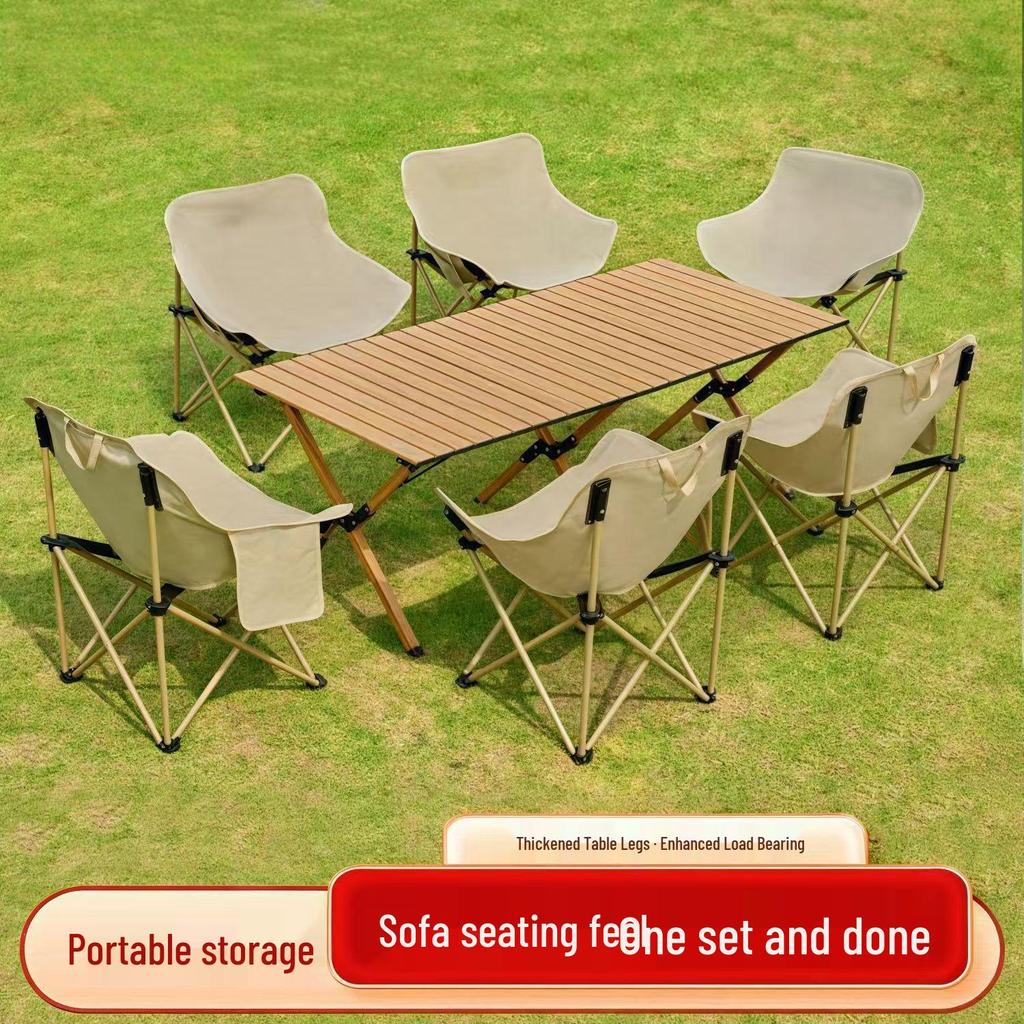 Portable Outdoor Folding Table & Moon Chair Set - Complete Camping & BBQ Gear