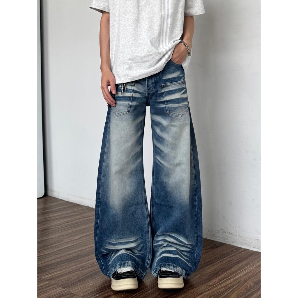 American Retro Washed Cat Whisker Scimitar Jeans Men's High Street Loose Wide Leg Cleanfit Micro Pull Pants Summer