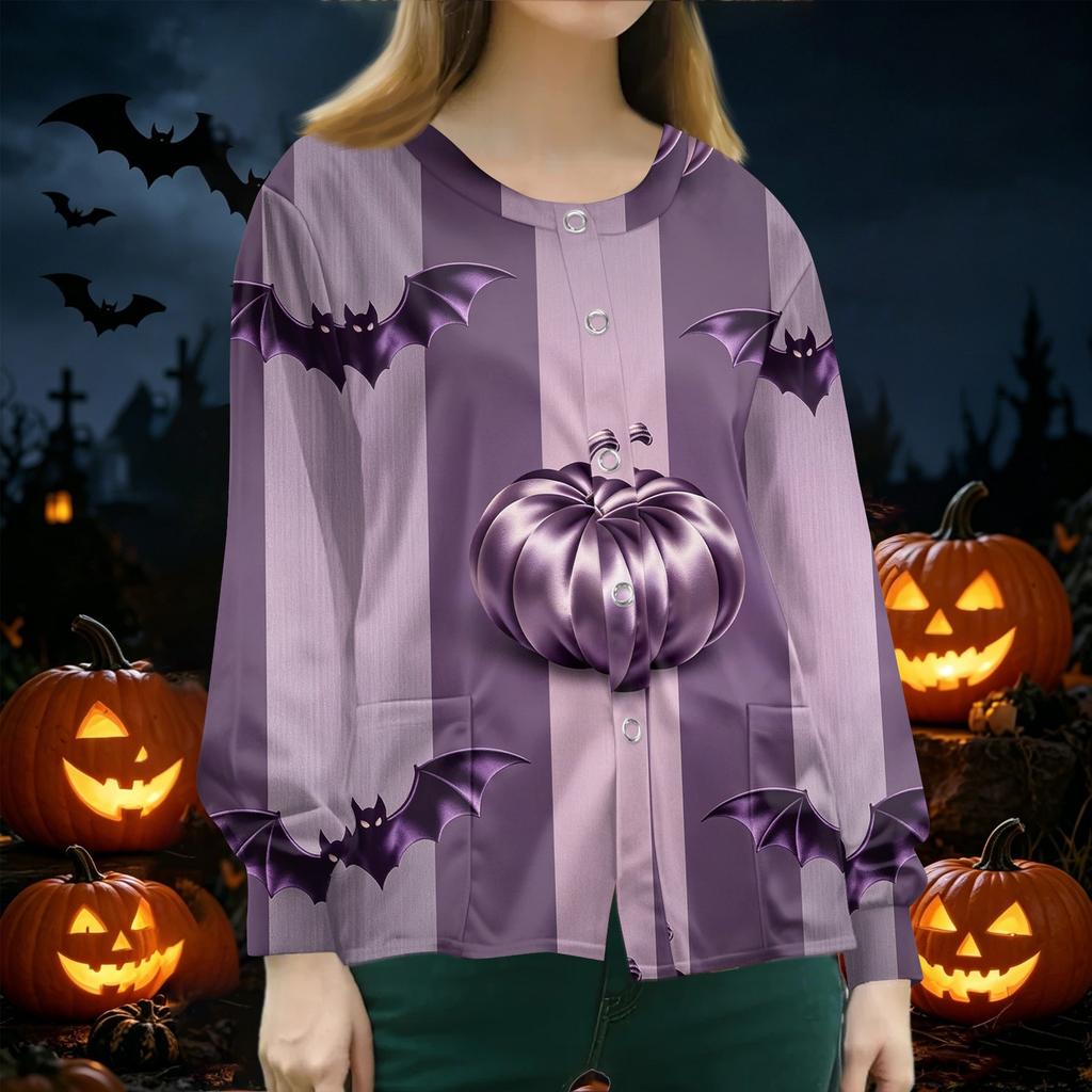 Women's Halloween Print Scrub Long Sleeve Cardigan Button Down for Casual Daily Wear