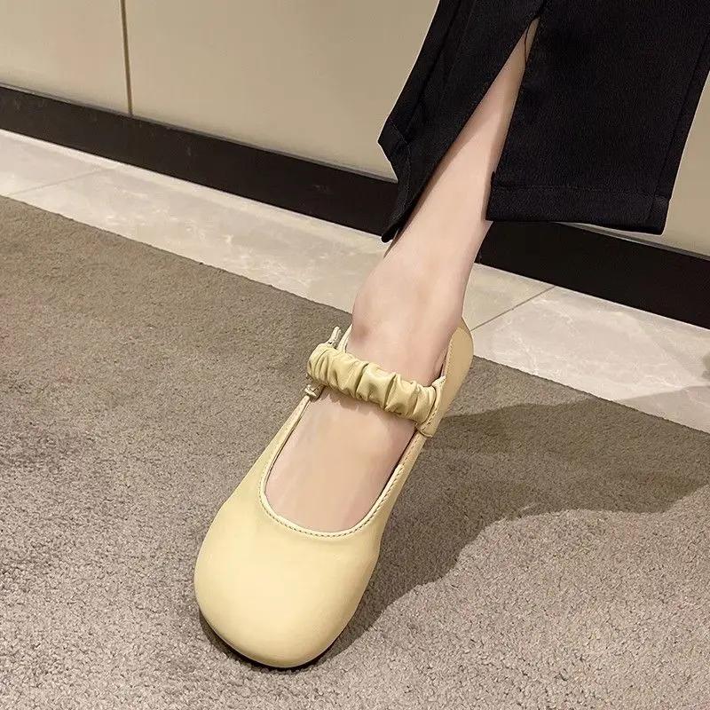 Round Toe One-line Buckle Moccasins Apricot Women's Flat Shoes Anti-slip Solid Color Comfortable and Elegant 39 Ladies Footwear
