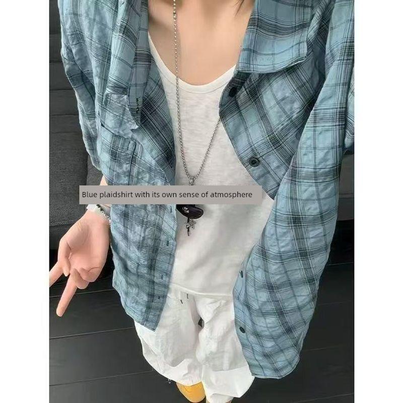 

Medm Beprp Hong Kong Style Retro Plaid Shirts Boys and Girls Summer Ultra-Thin Plaid Green-Inch Clothing Lapel Short sleeve C113 Blue 3XL(Recommendation 85kg-100kg)