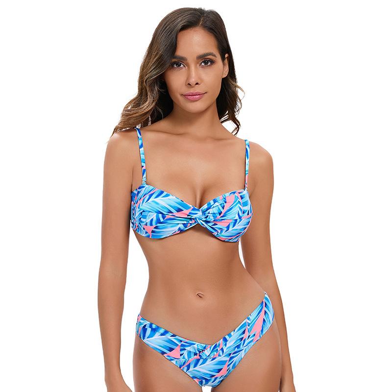 Popular printed tether bikini European and American women s swimsuit sexy halter triangle swimsuit S небесно-голубой