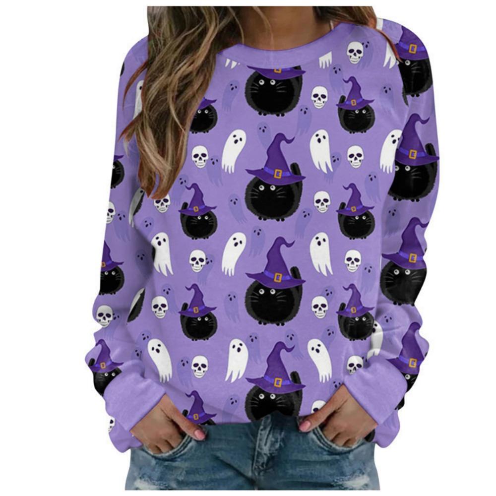 Women's Fashion Casual Hoody Autumn Winter Halloween Evil Witch Dark Castle Horror Party Print Sweatshirts Long Sleeved O Neck Hoodies Female Tops
