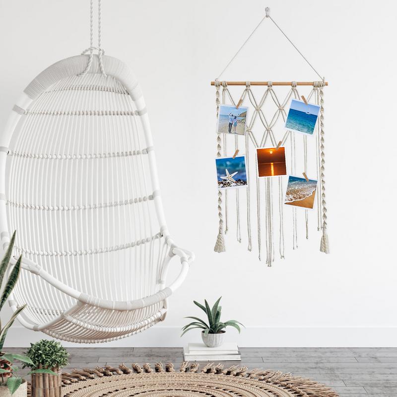 

Macrame Wall Photo Display Hangable Woven Rope Wall Decor With Clips Bohemian Wall Handwoven Tapestry Postcard Holder For Kids белый