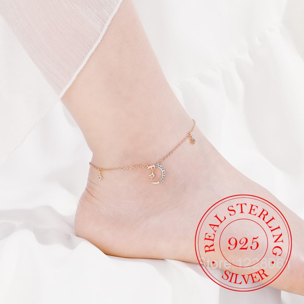 925 Silver Moon & Star Ankle Bracelet for Women, Zircon Minimalist Jewelry,Wedding Party Birthday Gift,Elegant Fashion Accessory