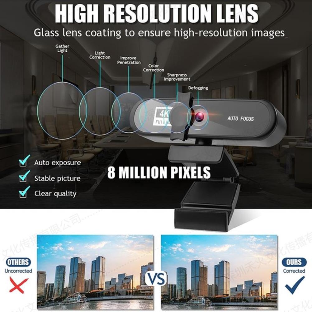 4K Webcam Auto Focus HD USB Camera with Microphone for PC Live Streaming Plug and Play Network Video Conference