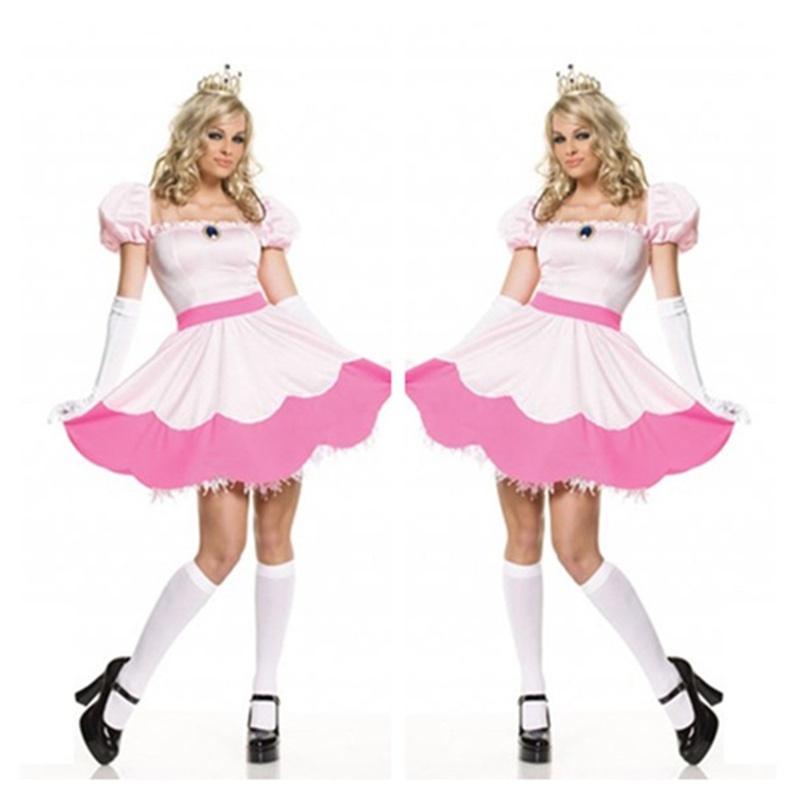 Elegant Super Mario Pink Princess Peach Costume Dress With Crown And Gloves Set
