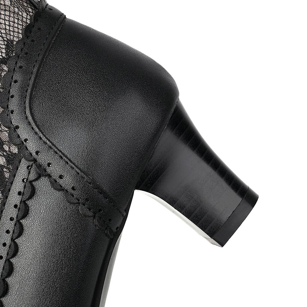 Women Mesh Boots Female Summer 2025 Leather Chunky Med Heels Shoes Size 48 Laciness Bandage Decor