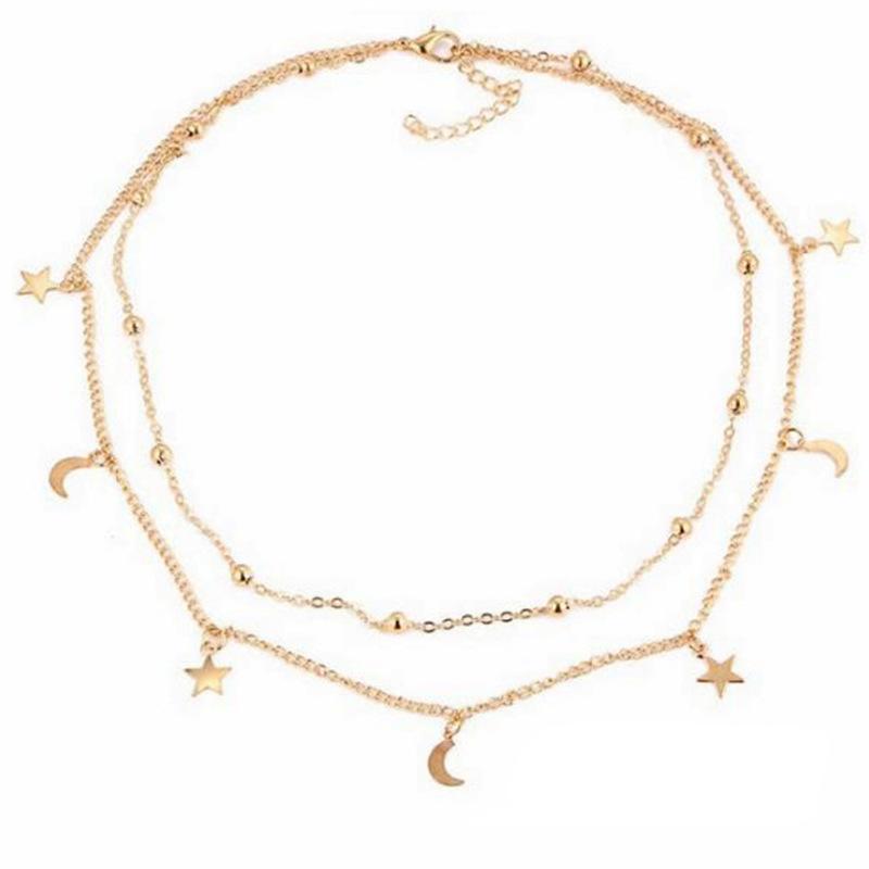

Простое двухслойное колье-колье для женщин, модные короткие подвески, ожерелье с луной, звездой и ключицей, французские повседневные украшения золотой