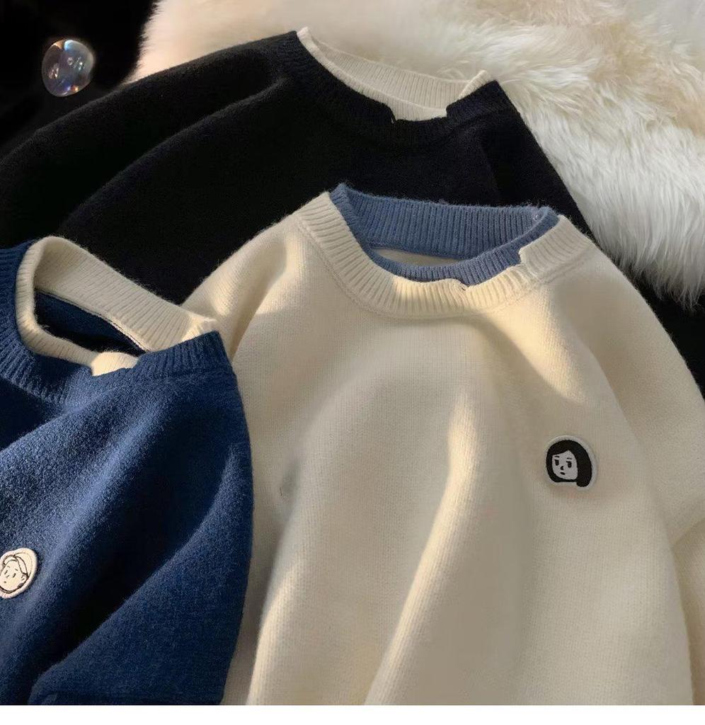 Men's Loose Fit Color Block Knit Sweater - Autumn/Winter Hong Kong Style with Round Neck, Couples Design