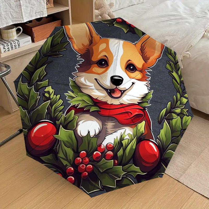 1pc Christmas Corgi Wreath Umbrella with Plastic Handle,Suitable for All Seasons Home Travel Outdoor UmbrellaDD224