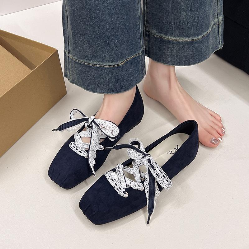 Fashion Fashion Flat Shoes Spring New Square Head Shallow Mouth Before Lacing Suede Soft Sole Anti-slip Wear-resistant Single Shoes