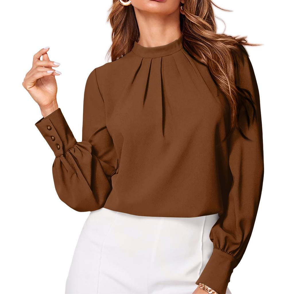 Ladies' Fashionable And Elegant Chest Pleated Stand Collar Long Sleeved Solid Color Top
