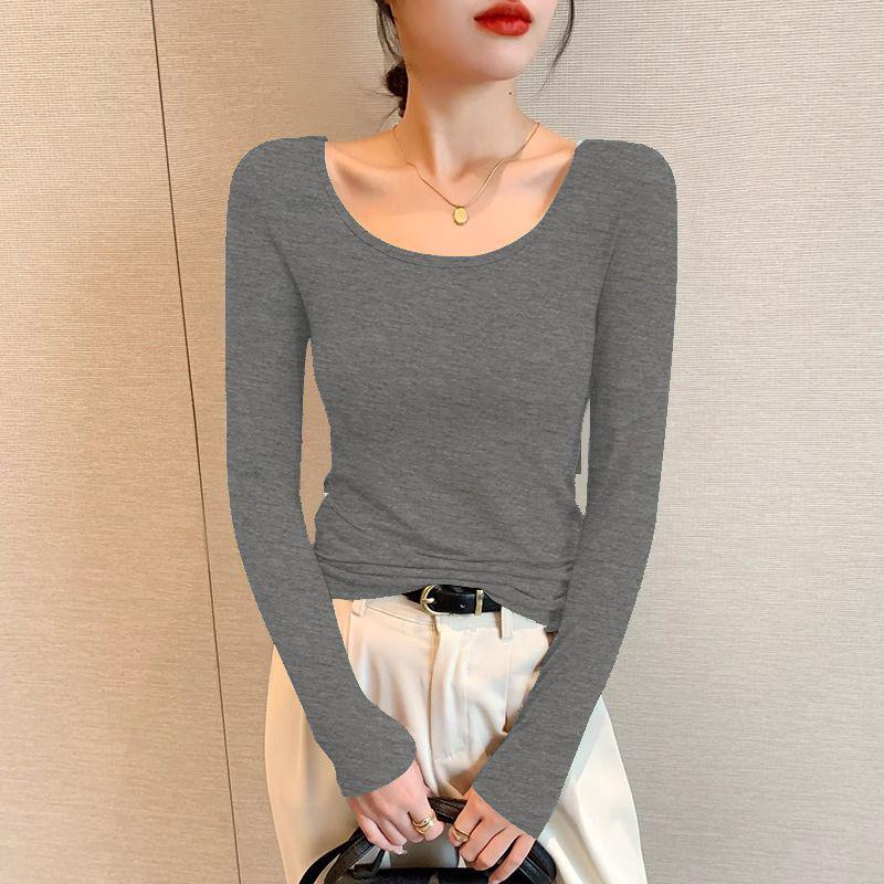 Women's Black Modal Crew Neck Long Sleeve Base Layer Top - Slim Fit, Low Neck Design for 2025 Autumn/Winter