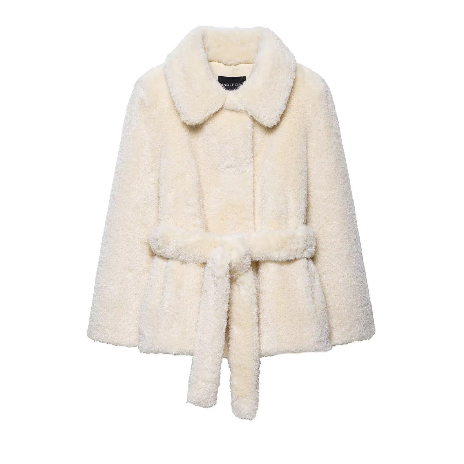 Women s Fashion Casual Faux Fur Effect Coat with Belt Large (L) слоновая кость/белый