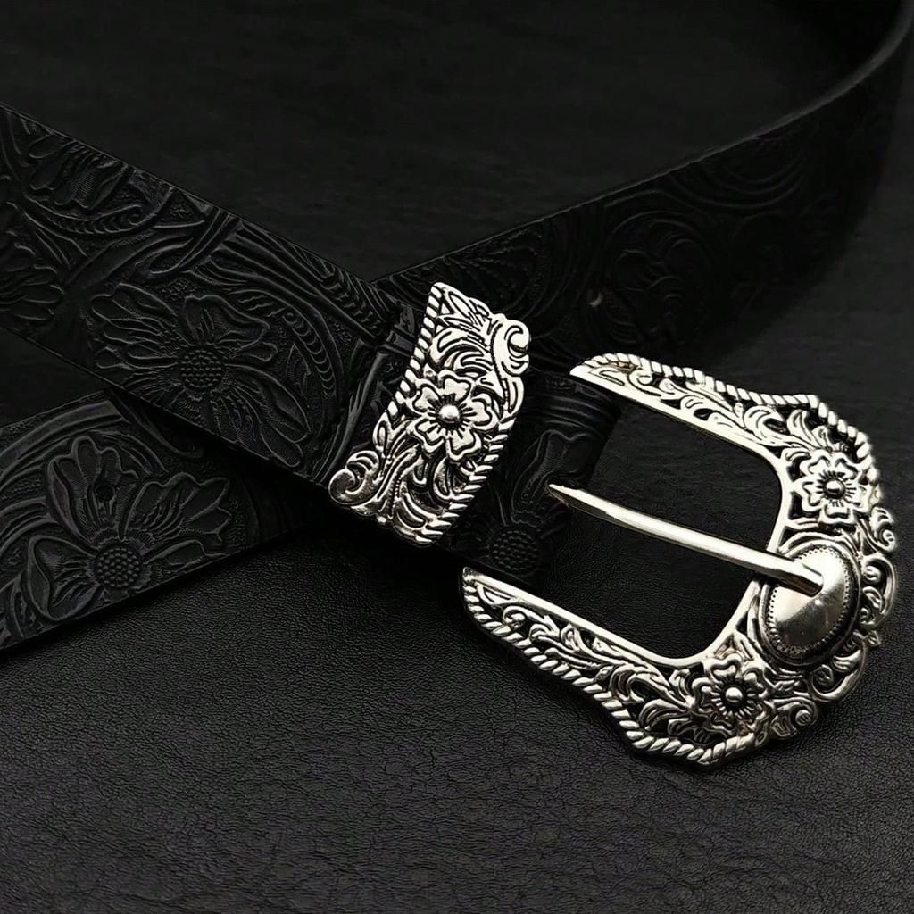 Amerikanische Retro-Blumen-Schnalle aus geprägtem schwarzen Metall, Nischen-High-End-Gürtel für Damen