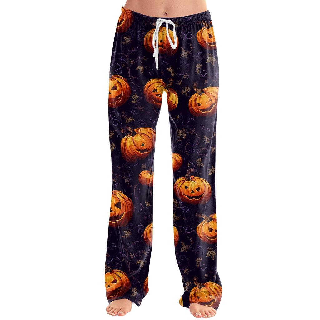 Damen Jogginghose mit Kordelzug, lässige Halloween-Print-Hose, volle Länge, lockere Passform, elastischer Bund, für entspannte Kleidung