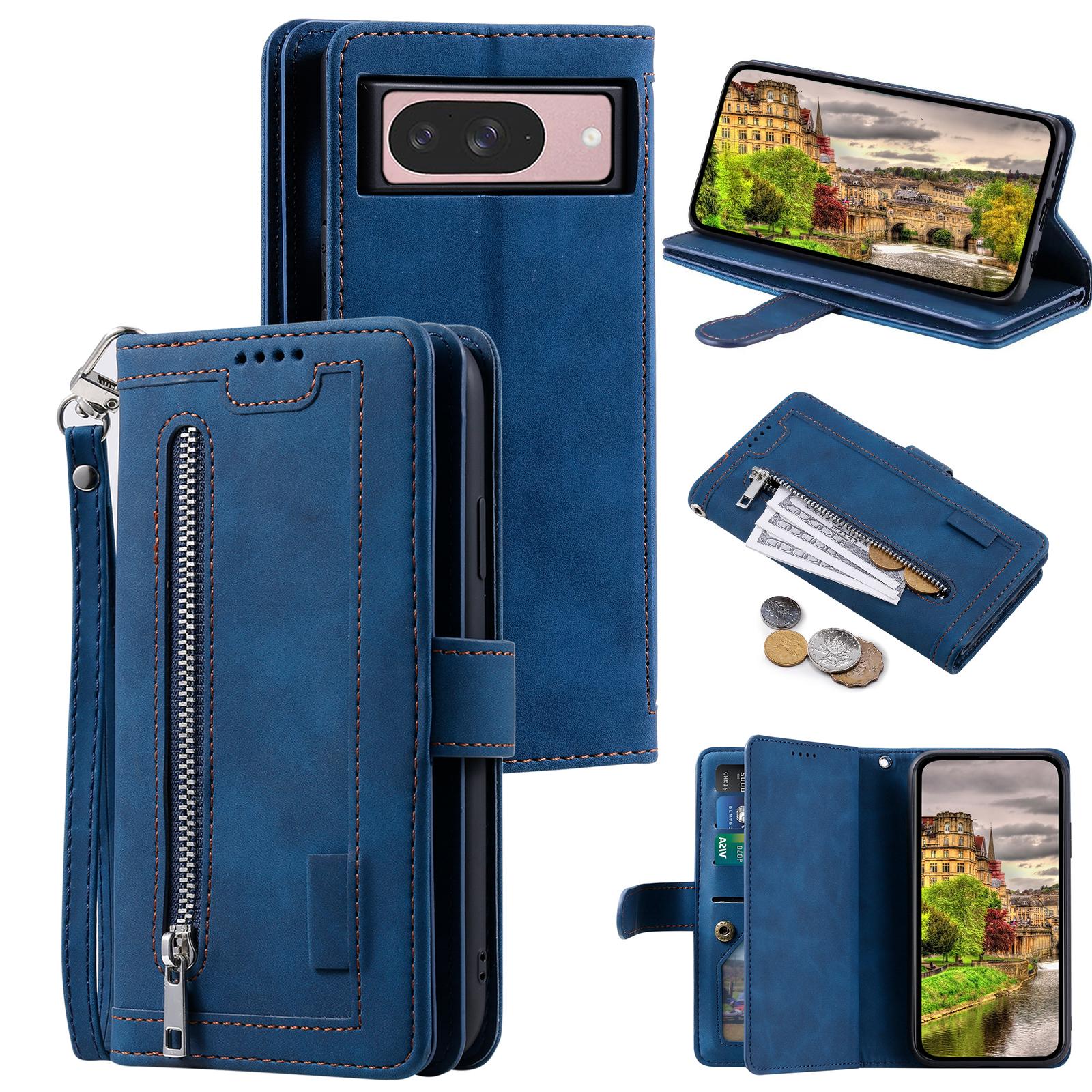 

For Google Pixel 9/9 Pro Case PU Leather Phone Cover with Zipper Wallet 9 Card Slots Blue