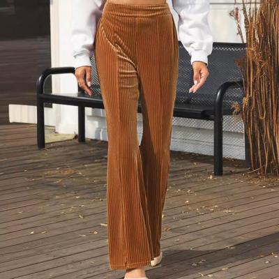 Women Corduroy Pants Elastic High Waist Flared Leg Long Trousers Solid Color