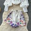 Summer Autumn New Arrival Flower Print Two Piece Pants Sets Women's Lantern Sleeve Blouse Tops and High-Waisted Wide-Leg Shorts Sets