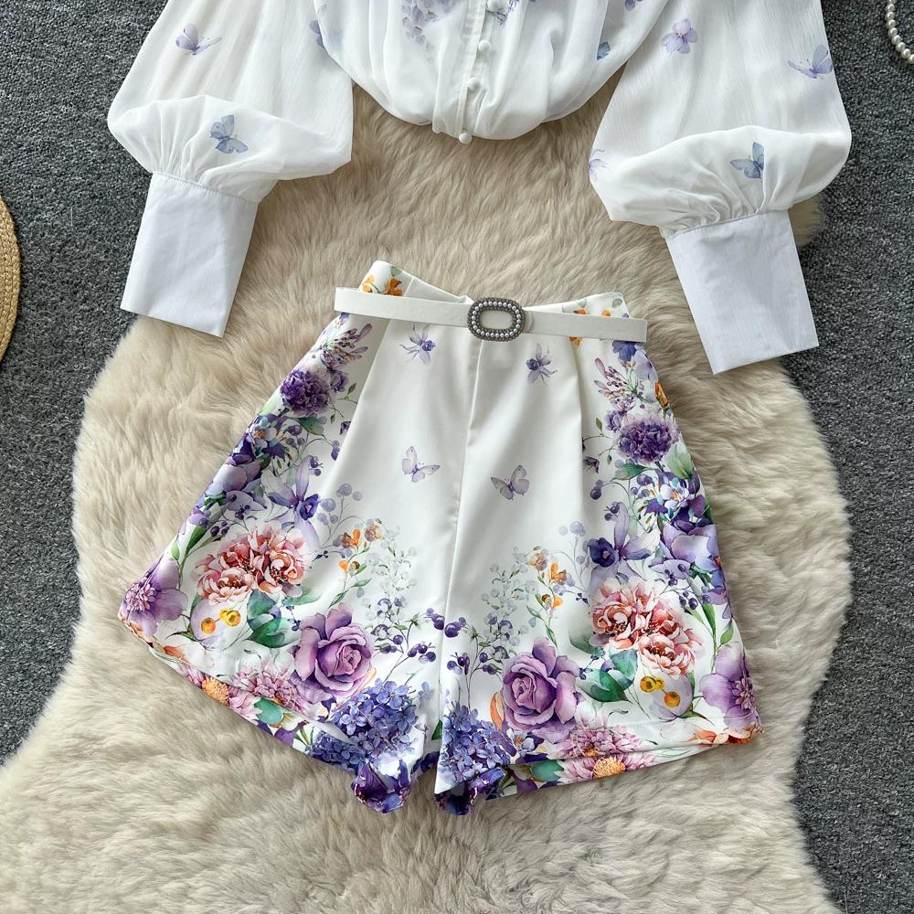 Summer Autumn New Arrival Flower Print Two Piece Pants Sets Women's Lantern Sleeve Blouse Tops and High-Waisted Wide-Leg Shorts Sets