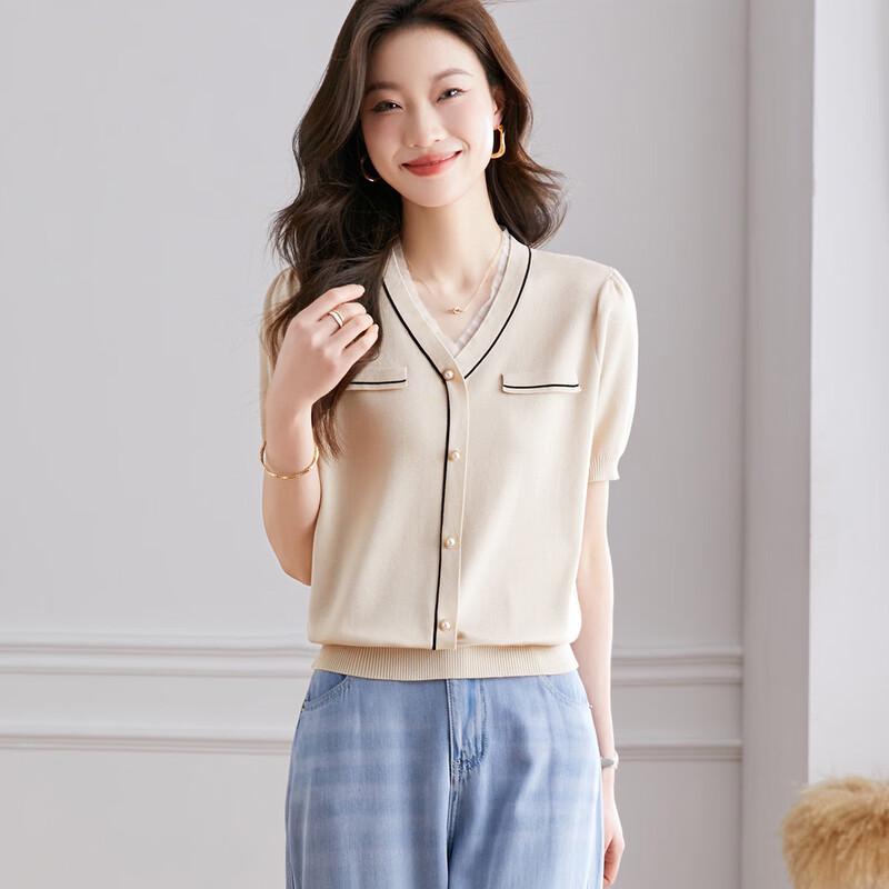 Chic Silk Blend V-Neck Knit Short Sleeve Top