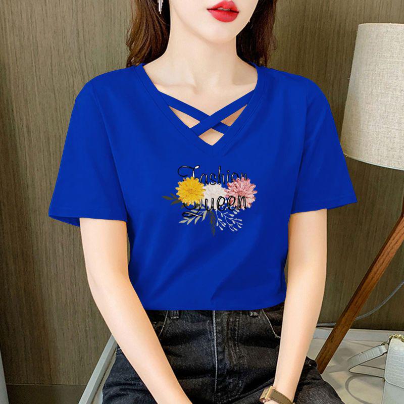 Women's 100% Pure Cotton Crossover V-Neck Short Sleeve T-Shirt - 2024 Korean Casual Summer Fashion Trend