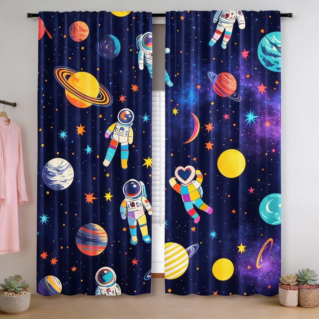 2 ks Závěsy s motivem vesmíru, Kreslený astronaut a téma sluneční soustavy, Modré galaktické okenní závěsy pro ložnici, obývací pokoj, P