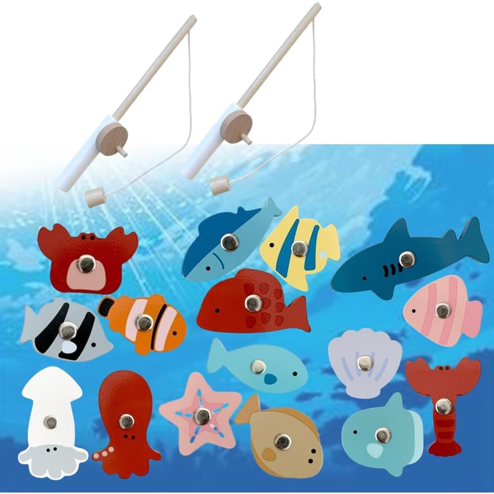 

Wooden Fishing Toy Set for Kids 3 Years and Up with 2 Fishing Rods and 16 Fish Educational Magnetic Game