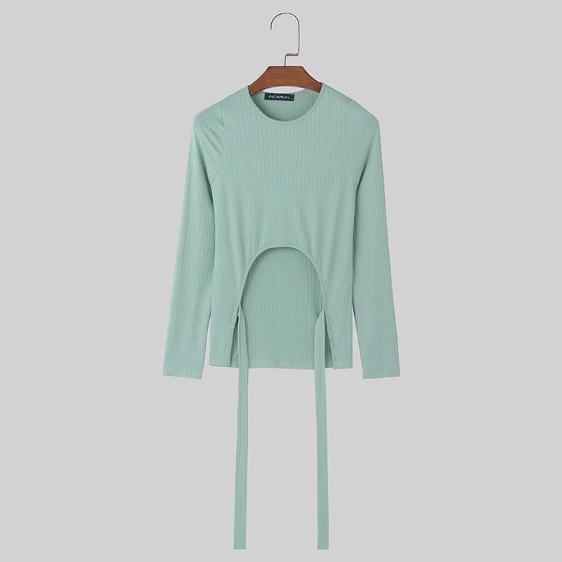 

INCERUN мужские топы с круглым вырезом и длинными рукавами, нерегулярные ремни, вечерние футболки S зелёный