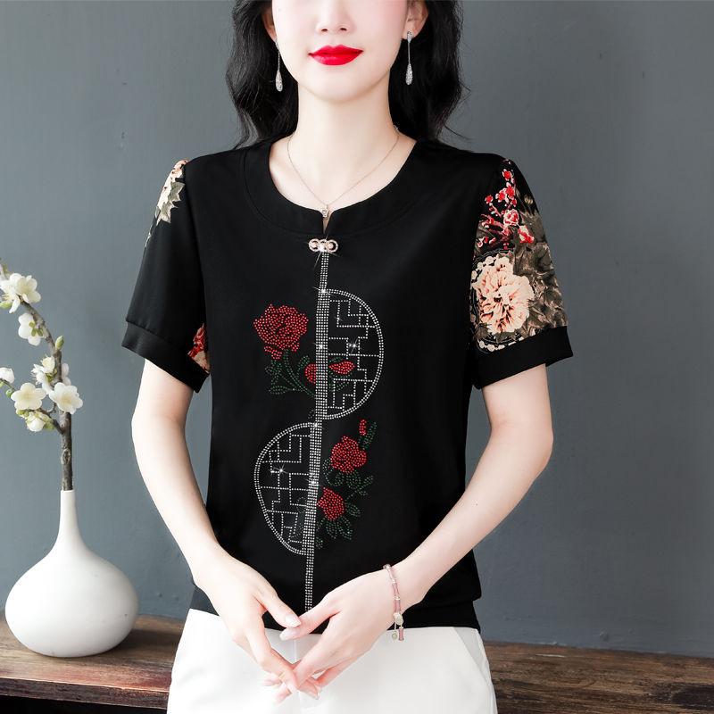 

2025 summer new round neck hot diamond flower splicing shirt women s short-sleeved t-shirt fashionable M чёрный