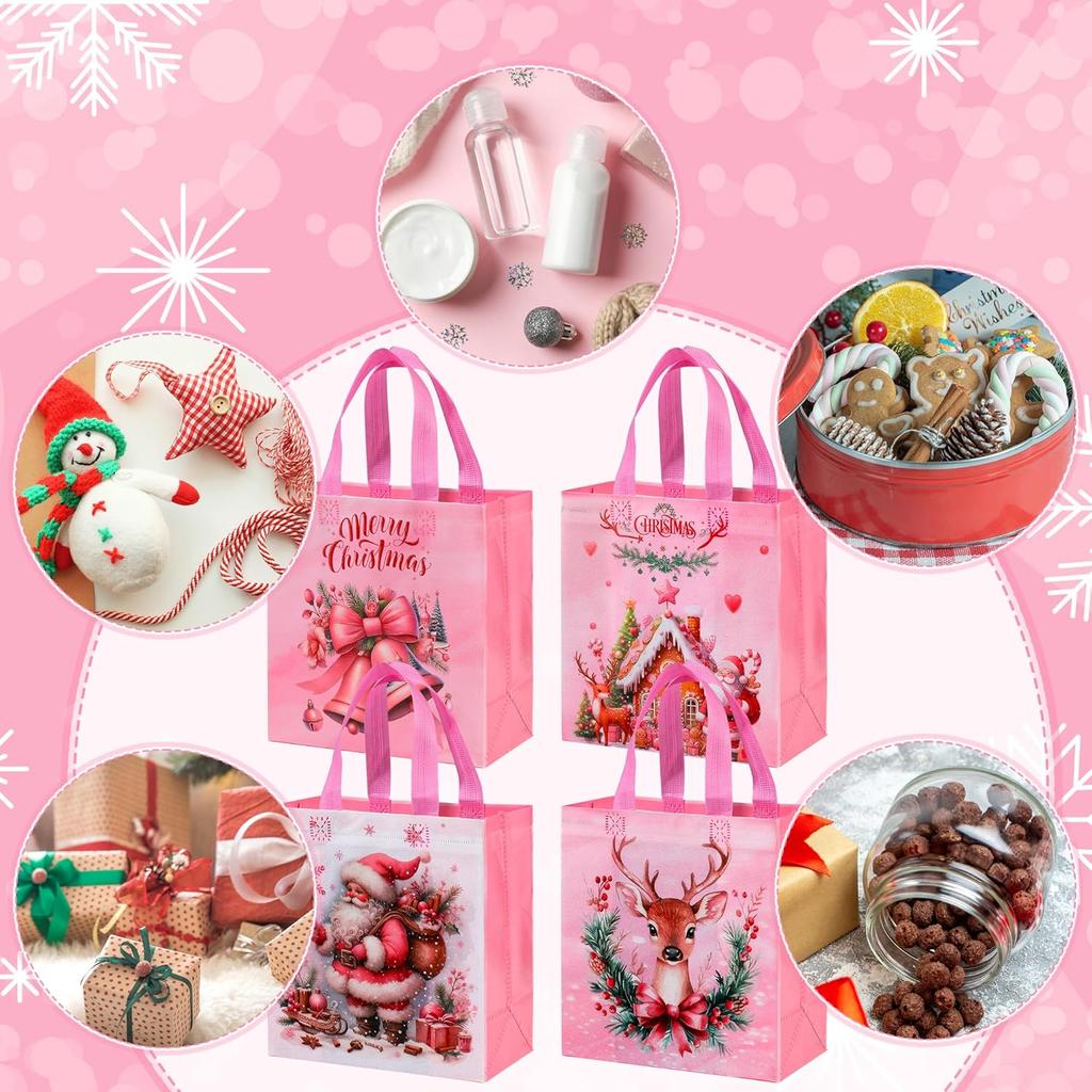 Christmas Gift Bags Reusable Christmas Shopping Bags Reusable Party Favor Tote Pink Non-Woven Treat Bag For Party Favor Bag