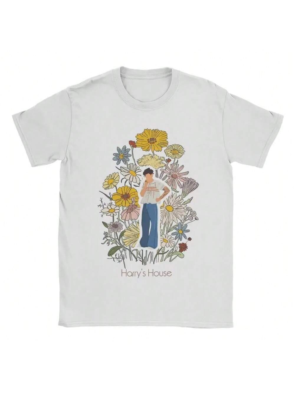 

Летняя мужская футболка с коротким рукавом из чистого хлопка в винтажном стиле, футболка с круглым вырезом, футболка с принтом «Гаррис Стайл», футболка «Фруктовый человек с цветами» 2024 XXXXXL чёрный