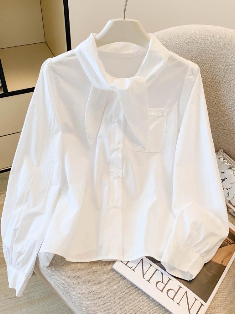 Elegant Women's Long-Sleeve French-Style White Shirt with Flowing Ribbons, 2025 Autumn Collection.