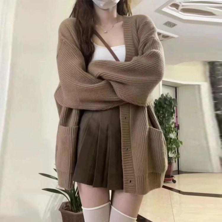 New Korean Cardigans for Women Loose Fit V Neck Knit Sweater Fashion Tops Coat Lazy Wind Knitwear