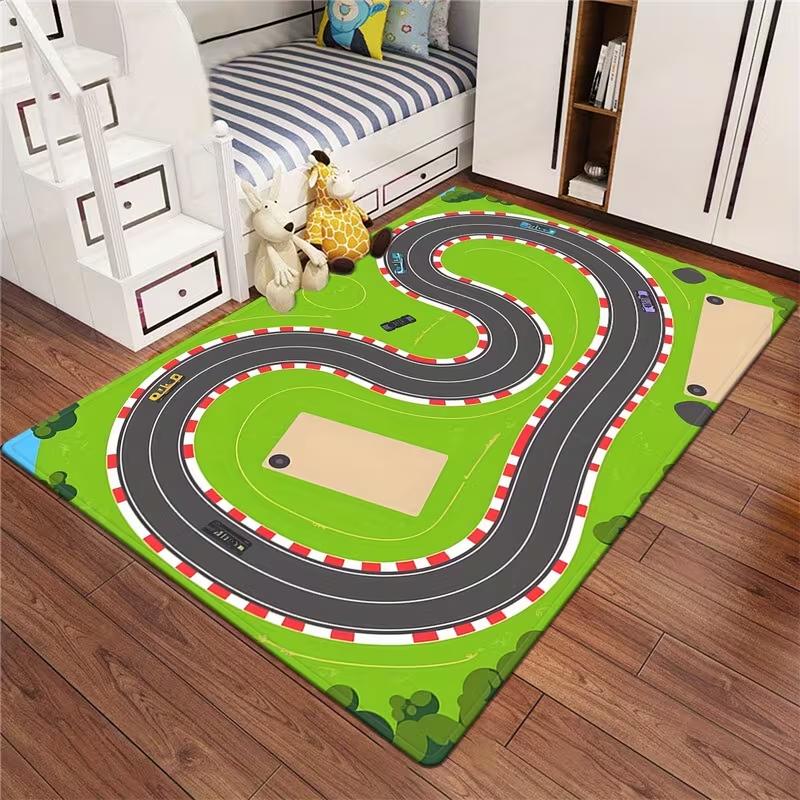 Kids Dynamic Race Car Track Play Rug Non Slip Soft Educational Carpet for Children Bedroom Playroom and Outdoor Camping Use
