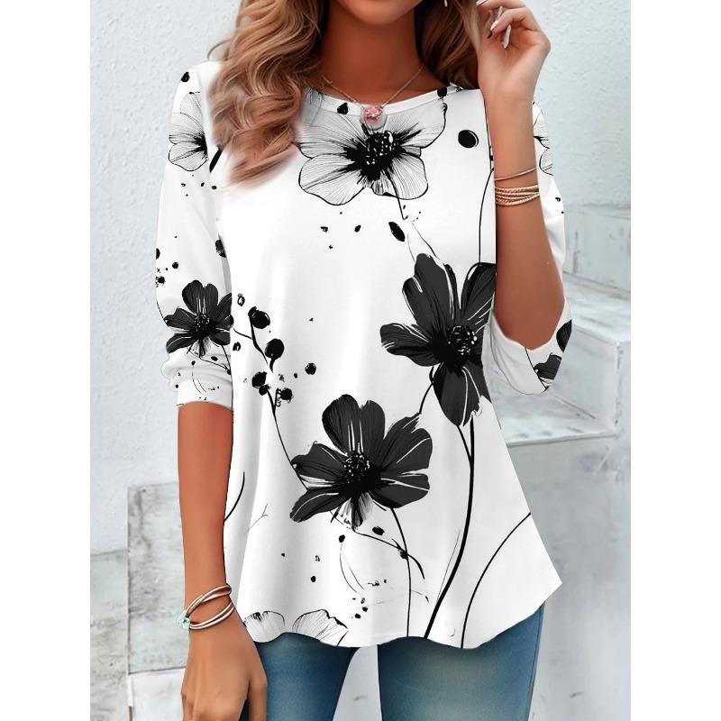 Women's T shirt Long Sleeve Crew Neck Long Sleeve Tunic Floral Graphic Plants Casual Round Neck Regular Tops