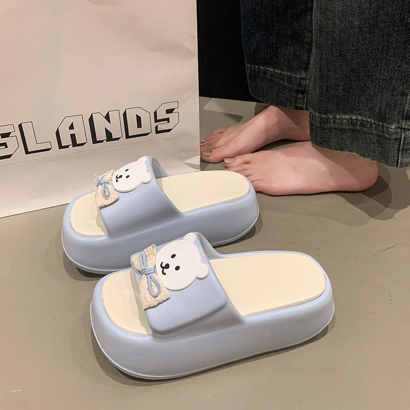 Fashion Milk Cute Bear Thick-bottomed Cool Slippers Women's Summer Small Muffin One-word Drag Outside Wearing Cartoon V Slippers