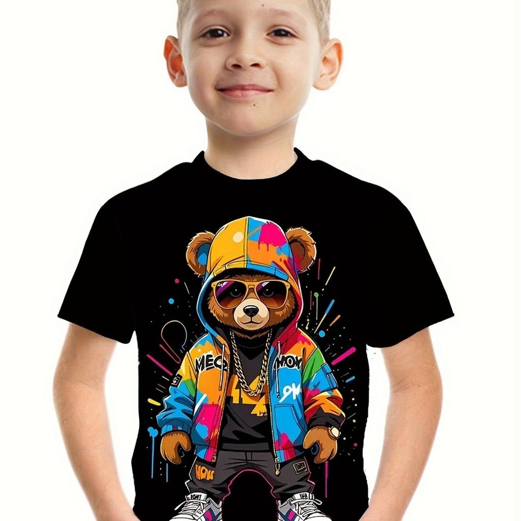 Children's 3D Short Sleeve Cool Bear Print Summer Clothing Boys T-Shirt Casual Fashion Round Neck Kids Top