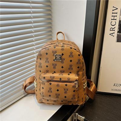 Women's Bag New Fashionable Retro Bear Printed Backpack Large Capacity Student Schoolbag Pu Backpack