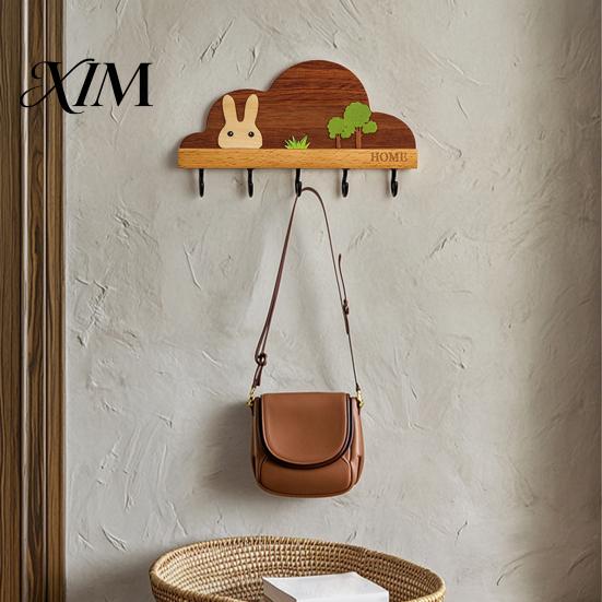 Wall Hooks for Leashes Solid Wood Key Holder with 5 Hooks, Decorative Mounted Adhesive Rack, Space Saving Organizer Entryway Kitchen And Office