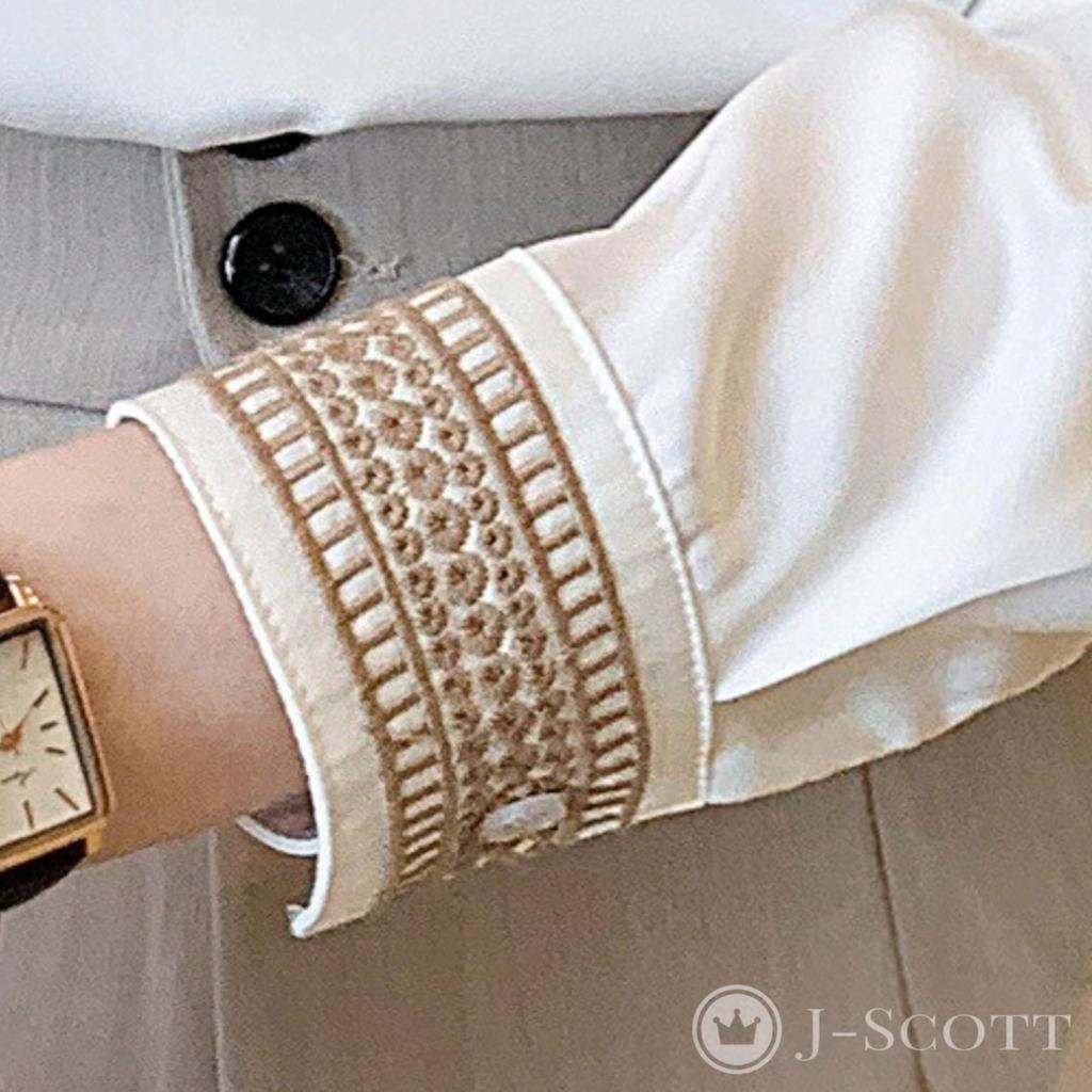 J-Scott Women's V-Neck Blouse with Embroidered Lace, Lace Trim, and Satin-Like Cuffs, White (JS18-WH-S) - Limited Stock