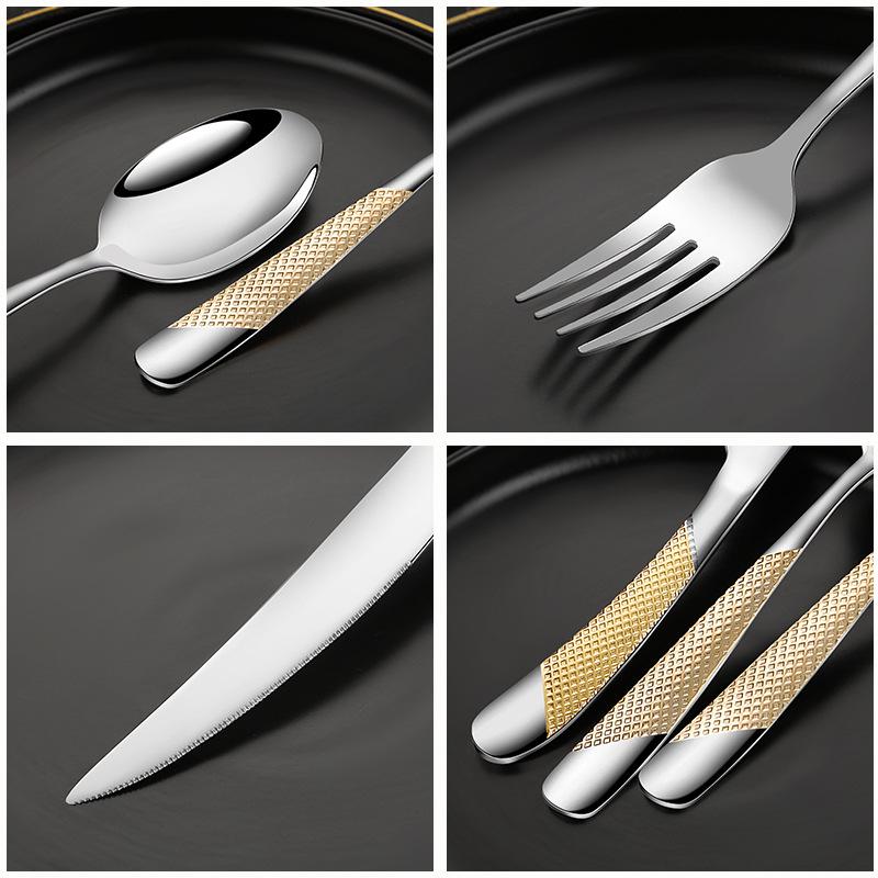 Star Diamond Stainless Steel Gold-Plated Flatware Set: Luxury Knife, Fork, and Spoon for Upscale Dining.