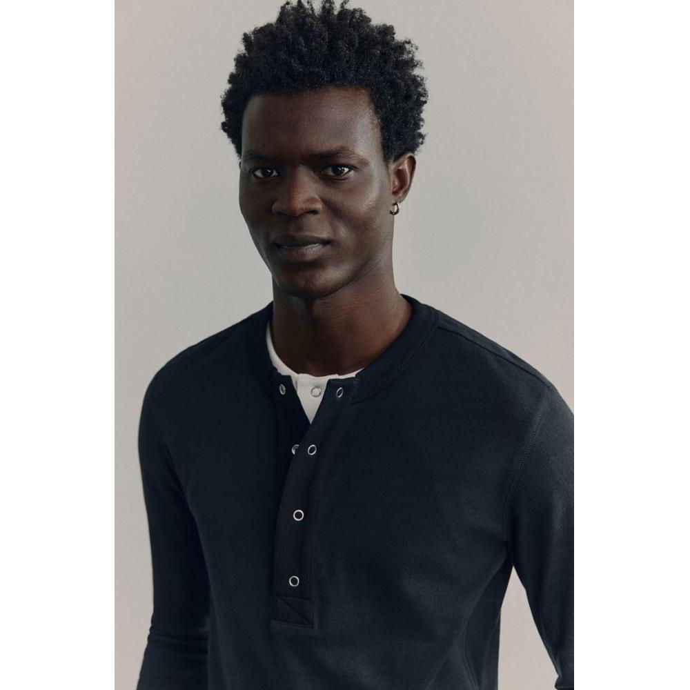 H M Ribbed Linen Blend Henry Top Black