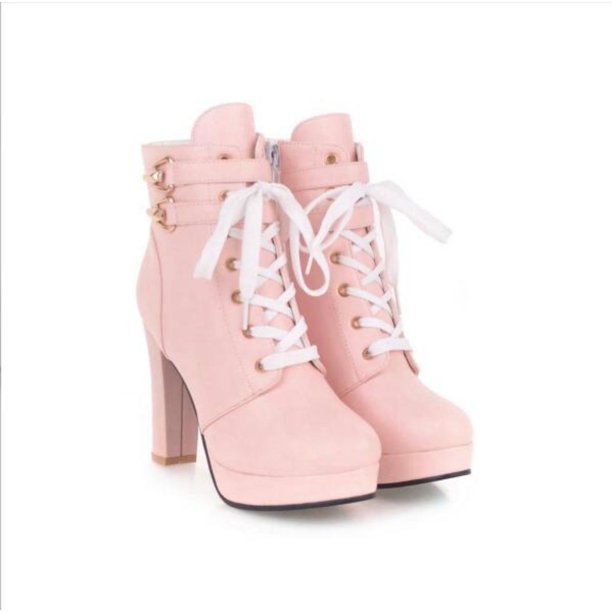 

Женские ботильоны Осенние Круглый носок Шнуровка Пряжка на щиколотке Массивный высокий каблук Платформа Рыцарские короткие ботинки Боковая молния Размер 34-43 40