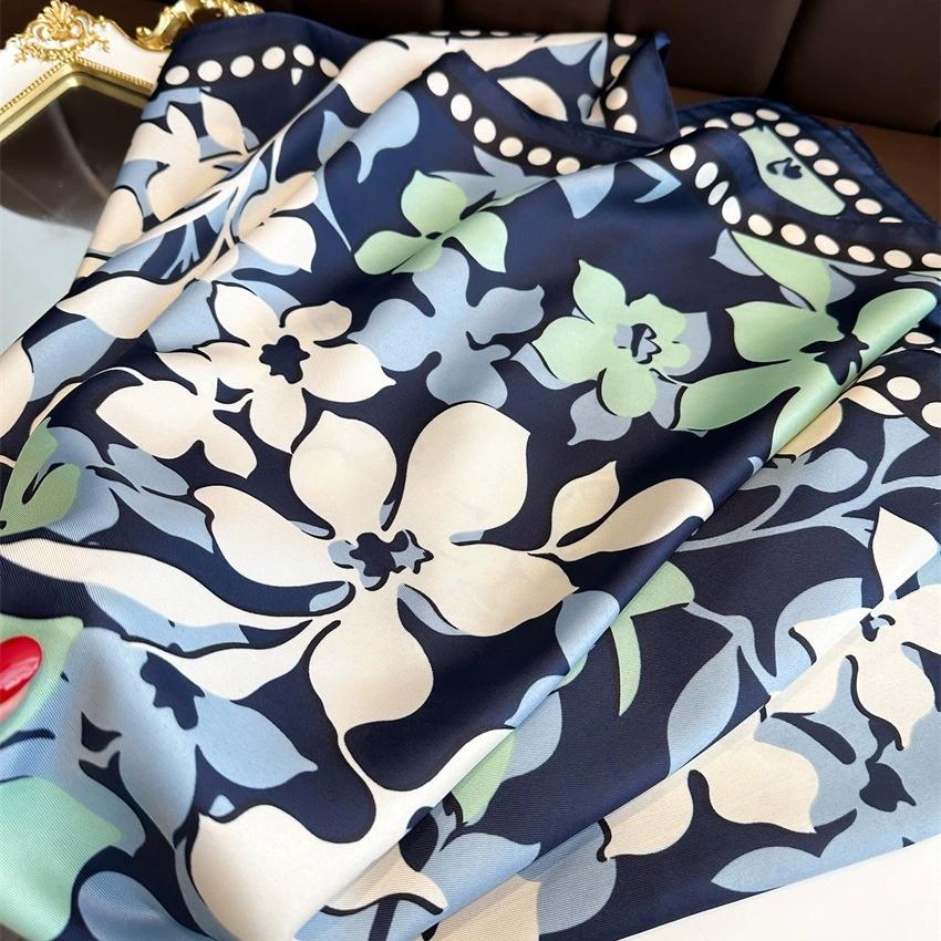 90Cm Luxury Fancy Square Scarf For Ladies Flower Print Silk Scarf Women Bandana Large Hijab Female Shawl Scarves Warps