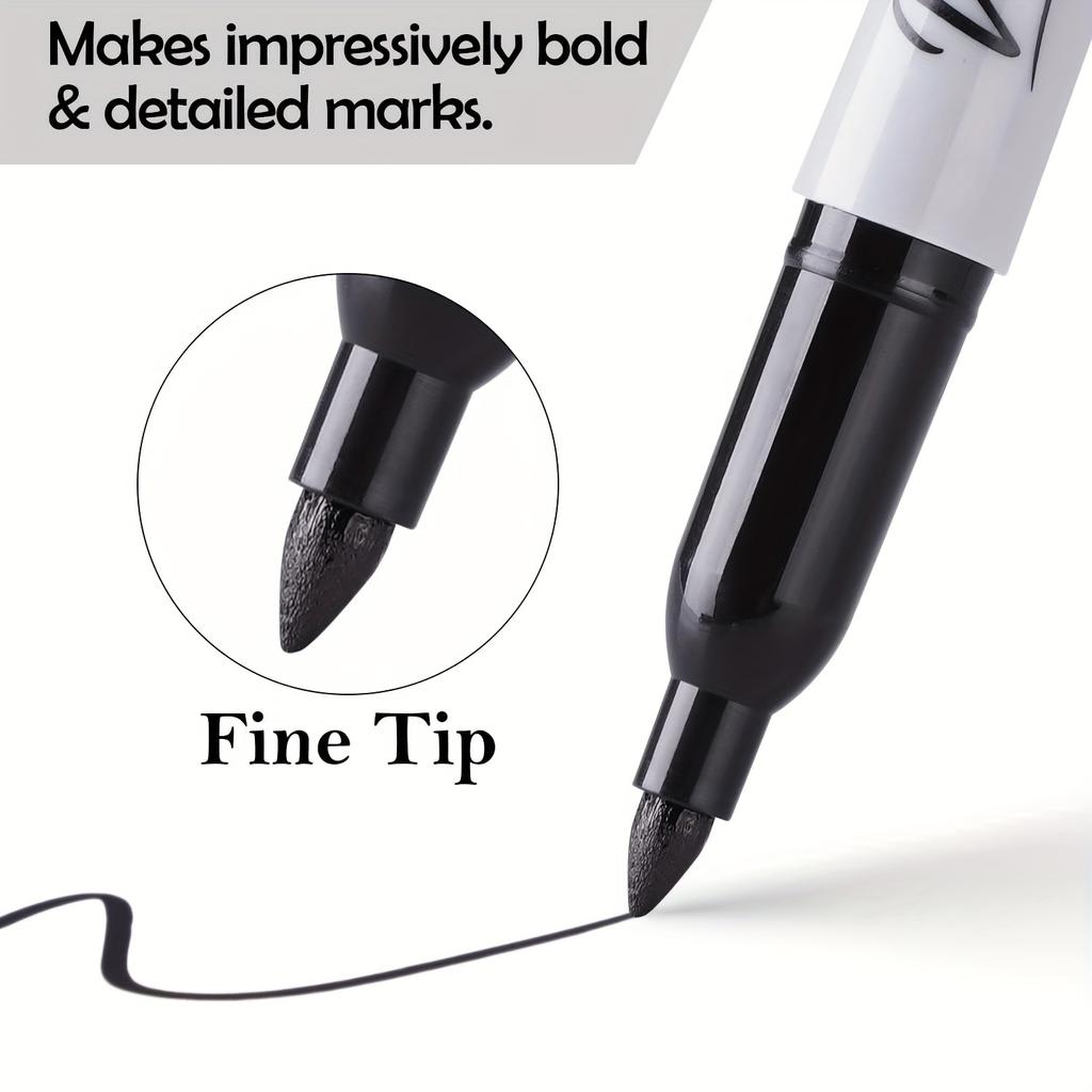 10 Fine Tip Black Permanent Markers - Waterproof, Smudge-proof, Quick Drying,bright Ink, Ergonomic Design, Perfect for Art, Office and School Supplies
