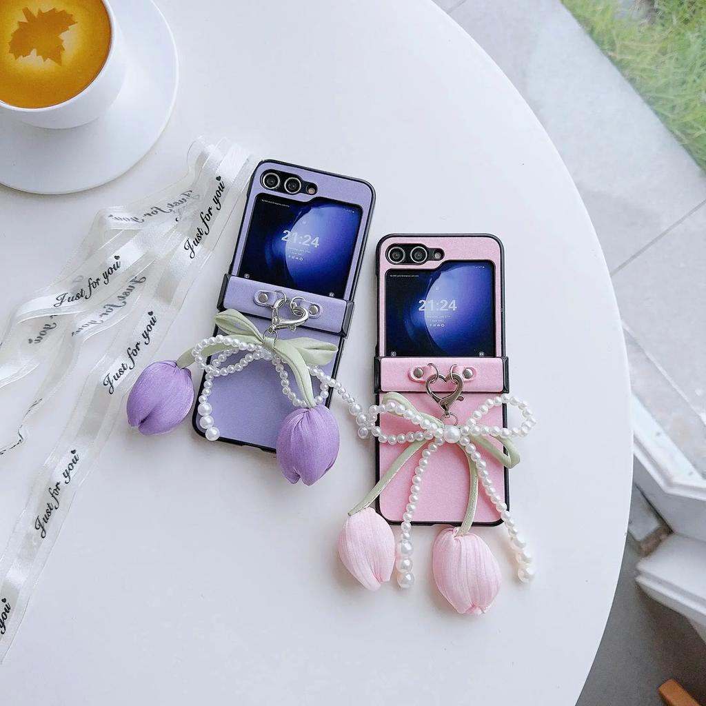Perlen Schleife PU Leder Blume Handgelenkschlaufe Handyhülle für Samsung Galaxy Z Flip 6 5 4 3 5G Scharnierschutz Stoßfeste Hülle