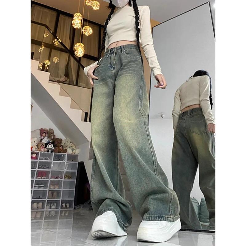 Retro High-waisted Wide-leg Jeans Women's Autumn New Loose and Thin Straight Floor-mopping Trousers